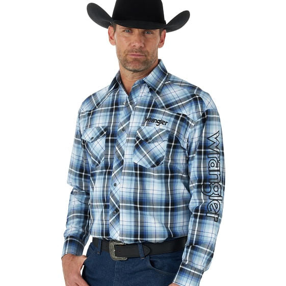 Wrangler® Logo Blues Plaid Long Sleeve Snap Shirt