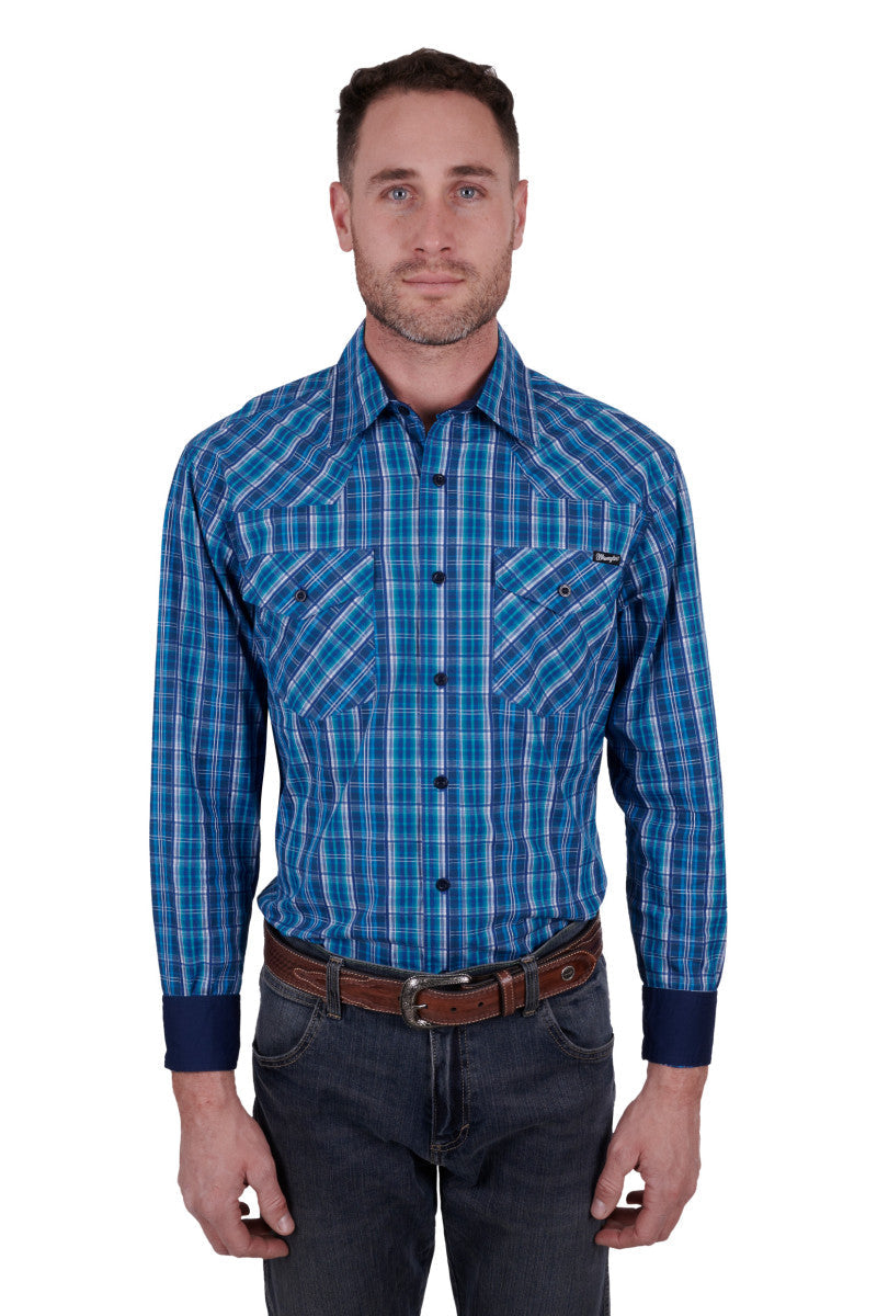 WRANGLER MENS MITCHELL LONG SLEEVE SHIRT (BLUE) - SALE