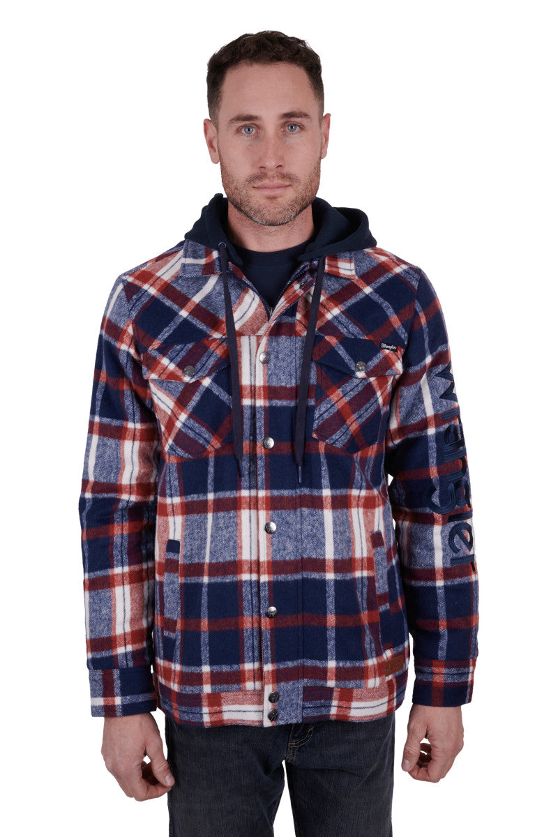 WRANGLER MENS ANDREW WOOL SHIRT JACKET WITH DETACHABLE HOOD (NAVY/RED)