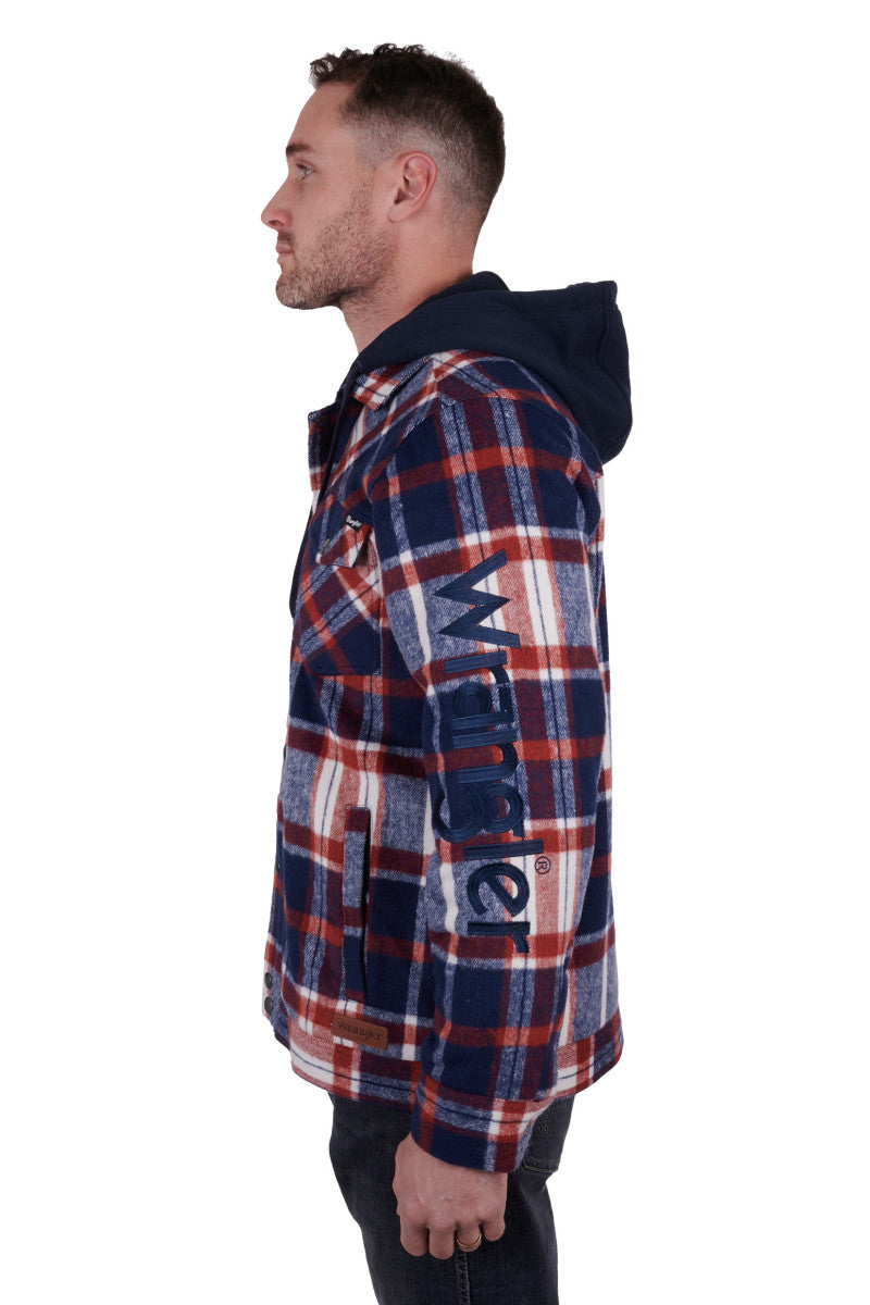 WRANGLER MENS ANDREW WOOL SHIRT JACKET WITH DETACHABLE HOOD (NAVY/RED)