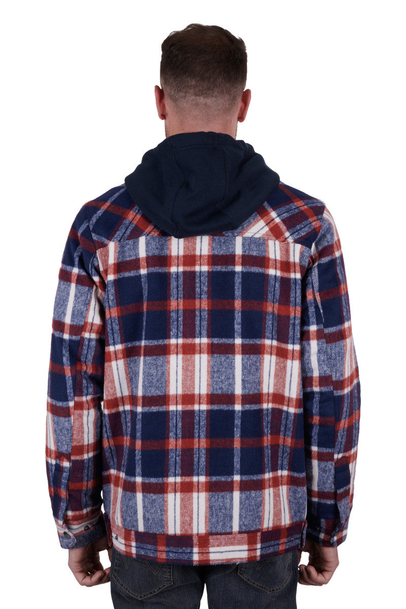 WRANGLER MENS ANDREW WOOL SHIRT JACKET WITH DETACHABLE HOOD (NAVY/RED)