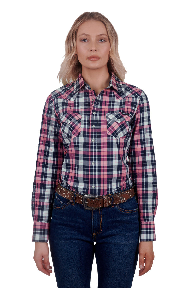 WRANGLER WOMENS GRETA L/S WESTERN SHIRT (PINK/NAVY)