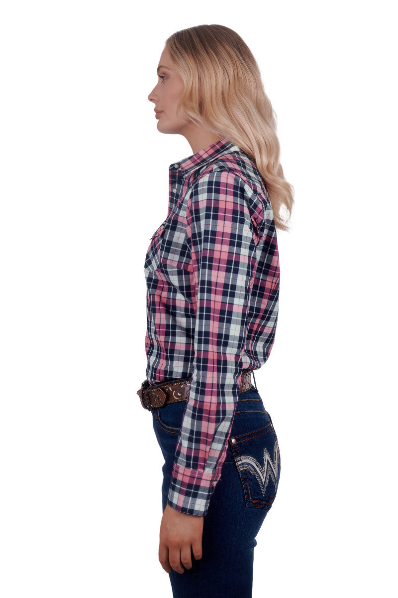 WRANGLER WOMENS GRETA L/S WESTERN SHIRT (PINK/NAVY)