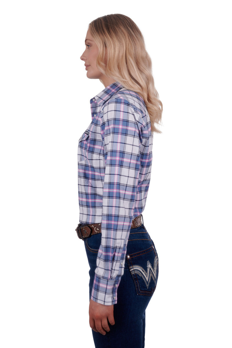 WRANGLER WOMENS LUCY L/S WESTERN SHIRT (BLUE/PINK)