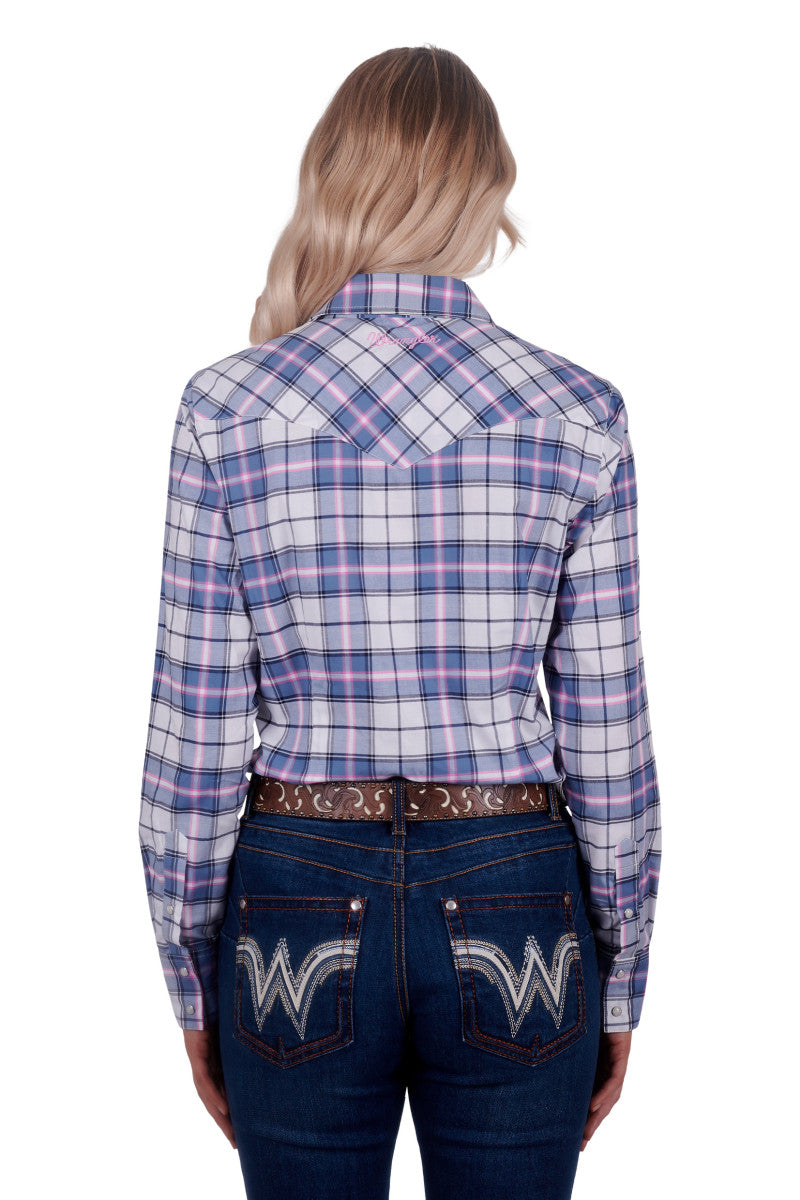 WRANGLER WOMENS LUCY L/S WESTERN SHIRT (BLUE/PINK)