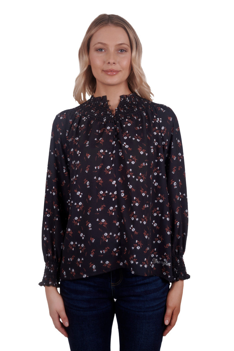 WRANGLER WOMENS CLARINDA LONG SLEEVE BLOUSE (BLACK/BROWN)