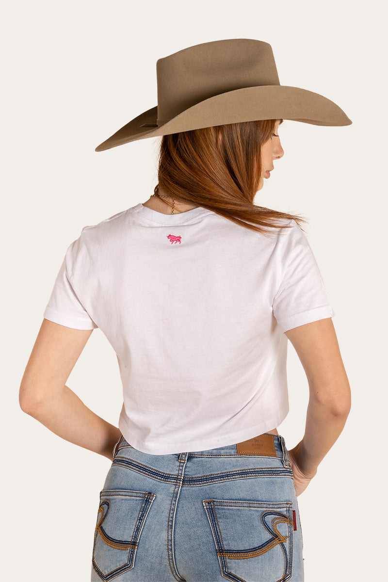 RINGERS LADIES COWGIRL CROP T-SHIRT - WHITE/RASPBERRY