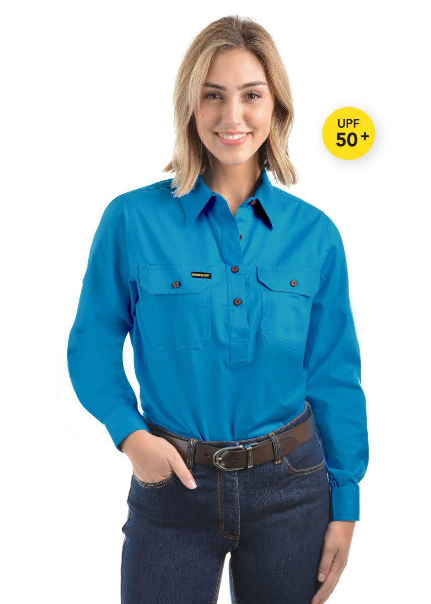 HARDSLOG WOMENS HALF PLACKET LIGHT COTTON SHIRT_BrightBlue