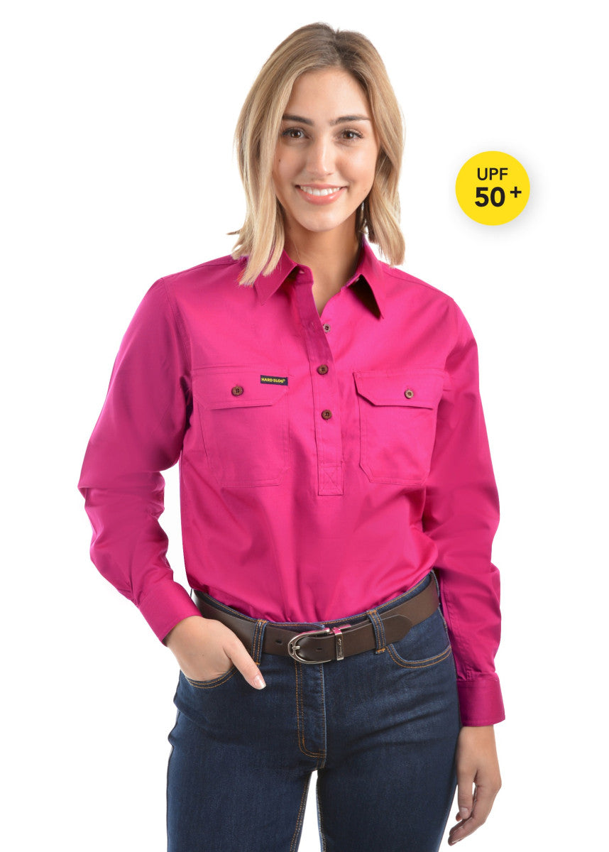 HARDSLOG WOMENS HALF PLACKET LIGHT COTTON SHIRT_BrightPink