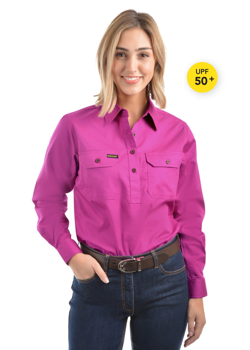 HARDSLOG WOMENS HALF PLACKET LIGHT COTTON SHIRT_Fuschia