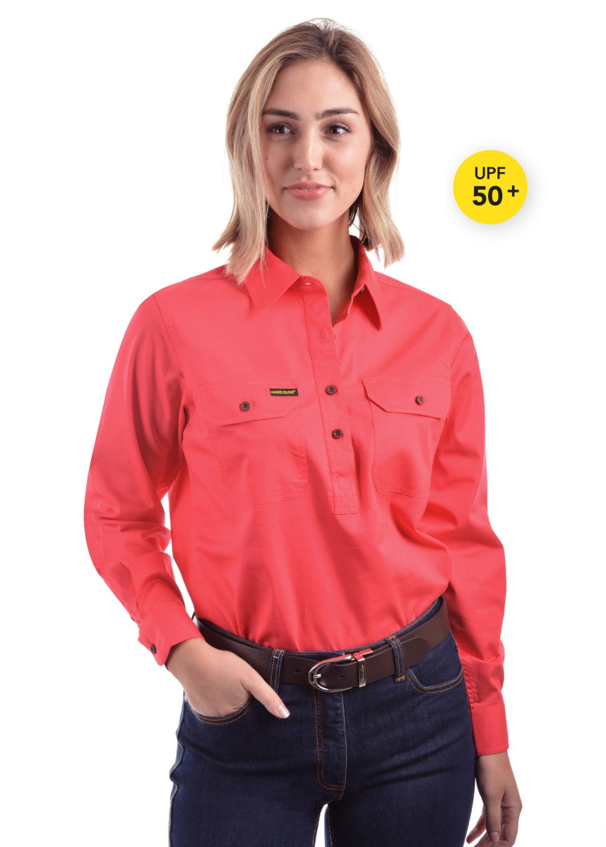 HARDSLOG WOMENS HALF PLACKET LIGHT COTTON SHIRT_RedPoppy