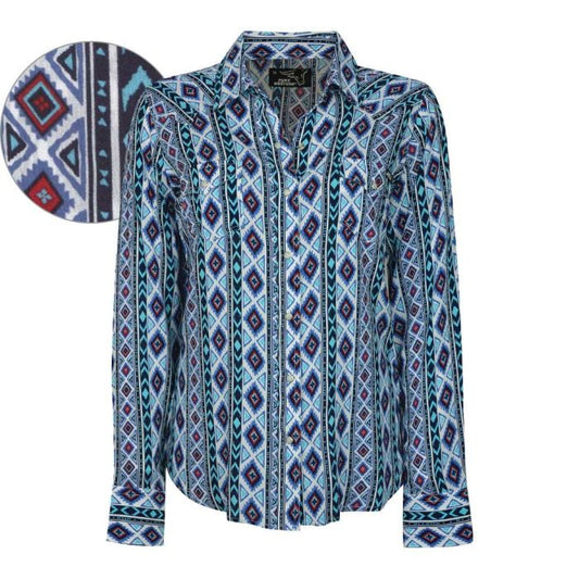 Pure Western Women's Raven Print Long Sleeve Shirt (Blue/Red)