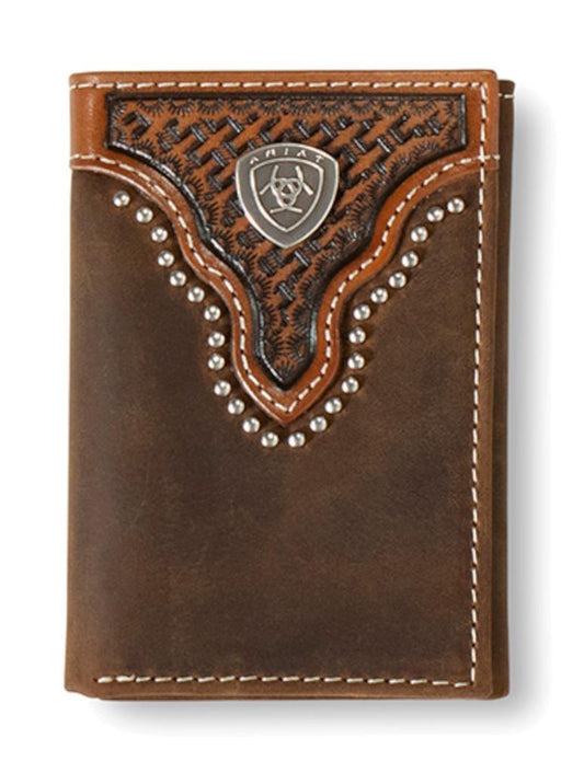 Ariat Mens Basket Weave Brown Trifold Wallet