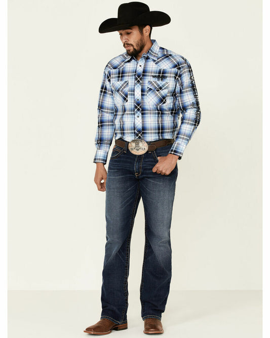 Wrangler® Logo Blues Plaid Long Sleeve Snap Shirt