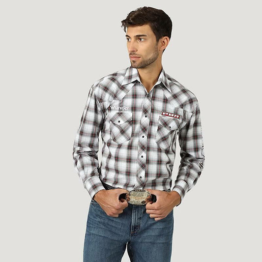 Wrangler® PBR Logo Black/White Plaid Long Sleeve Snap Shirt MHS236M