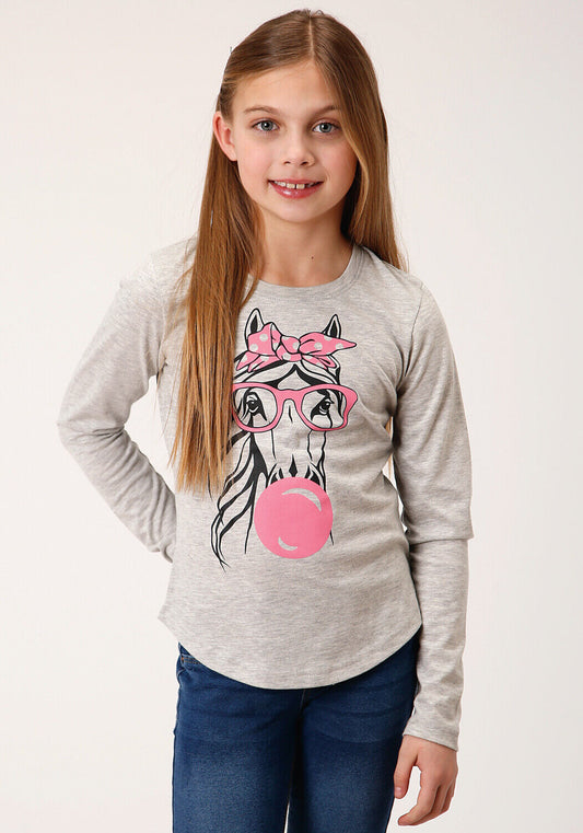 Roper Girls Grey Bubblegum Horse Long Sleeve T-Shirt