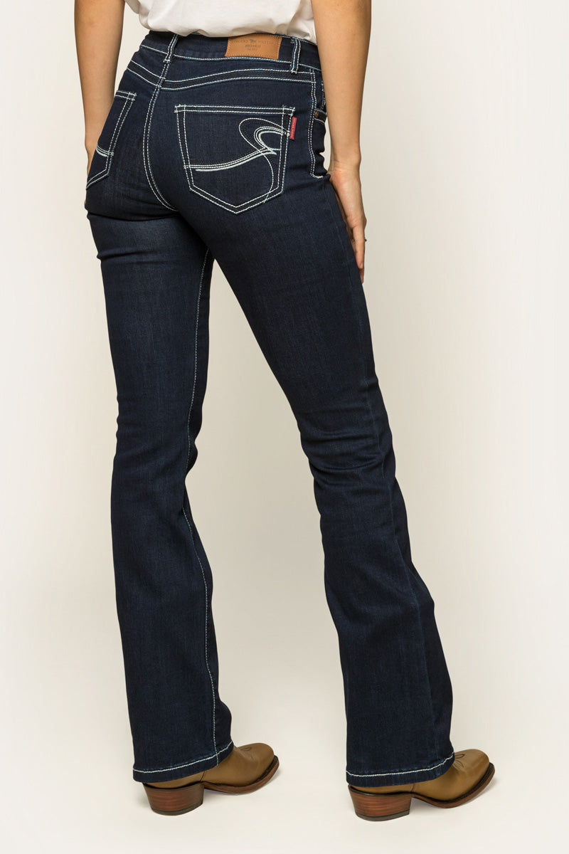 RINGERS WESTERN CAROLINE WOMENS MID RISE BOOTLEG JEAN LONG - INDIGO BLUE