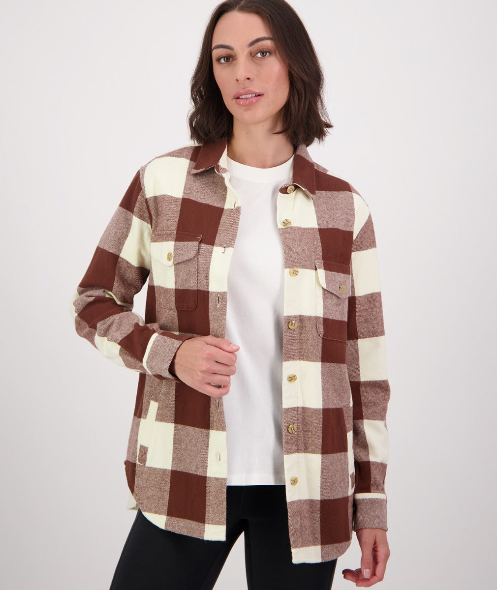 Swanndri Women's Rapaki Long Sleeve Shacket_Coffee / Sandshell Check