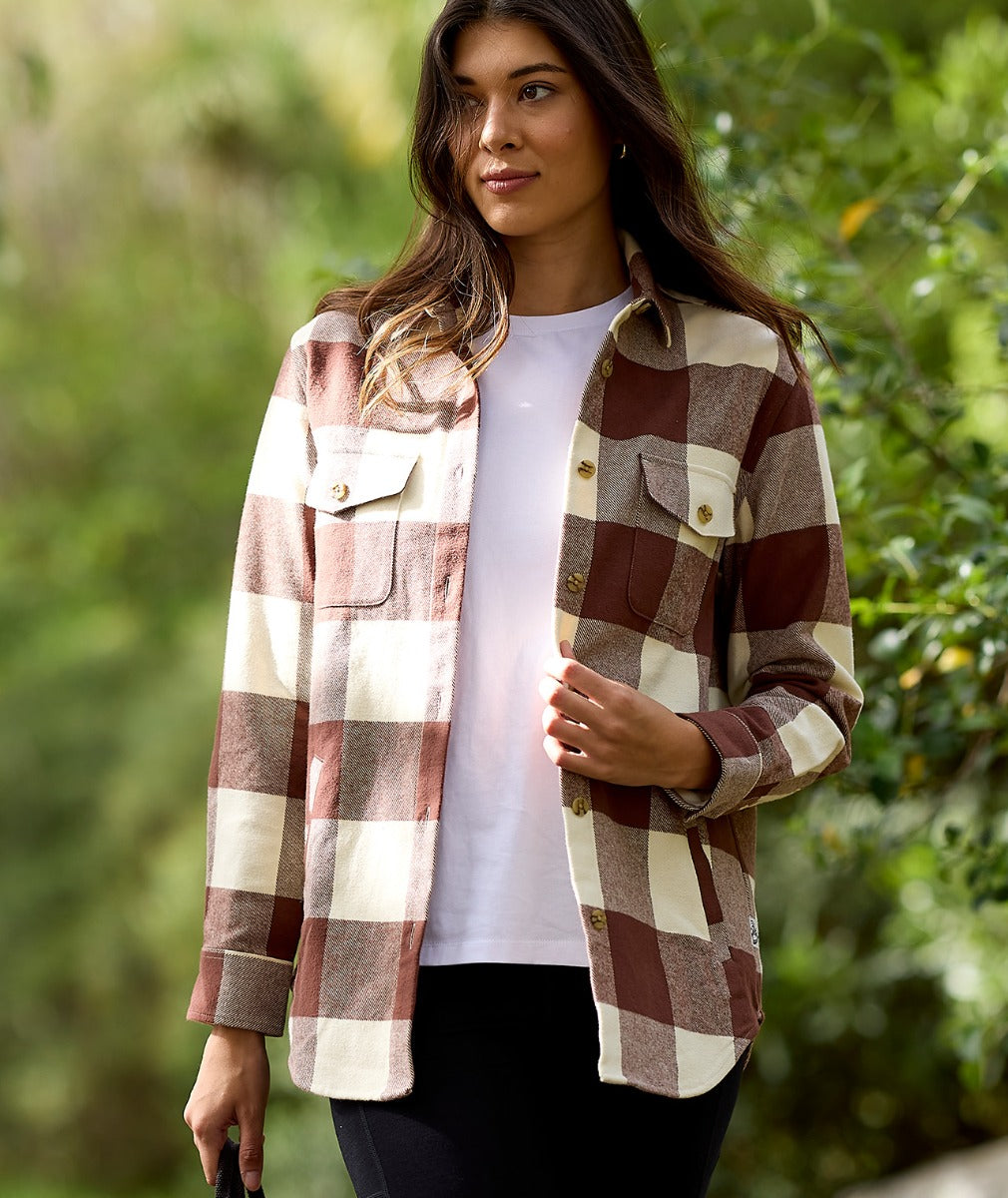 Swanndri Women's Rapaki Long Sleeve Shacket_Coffee / Sandshell Check