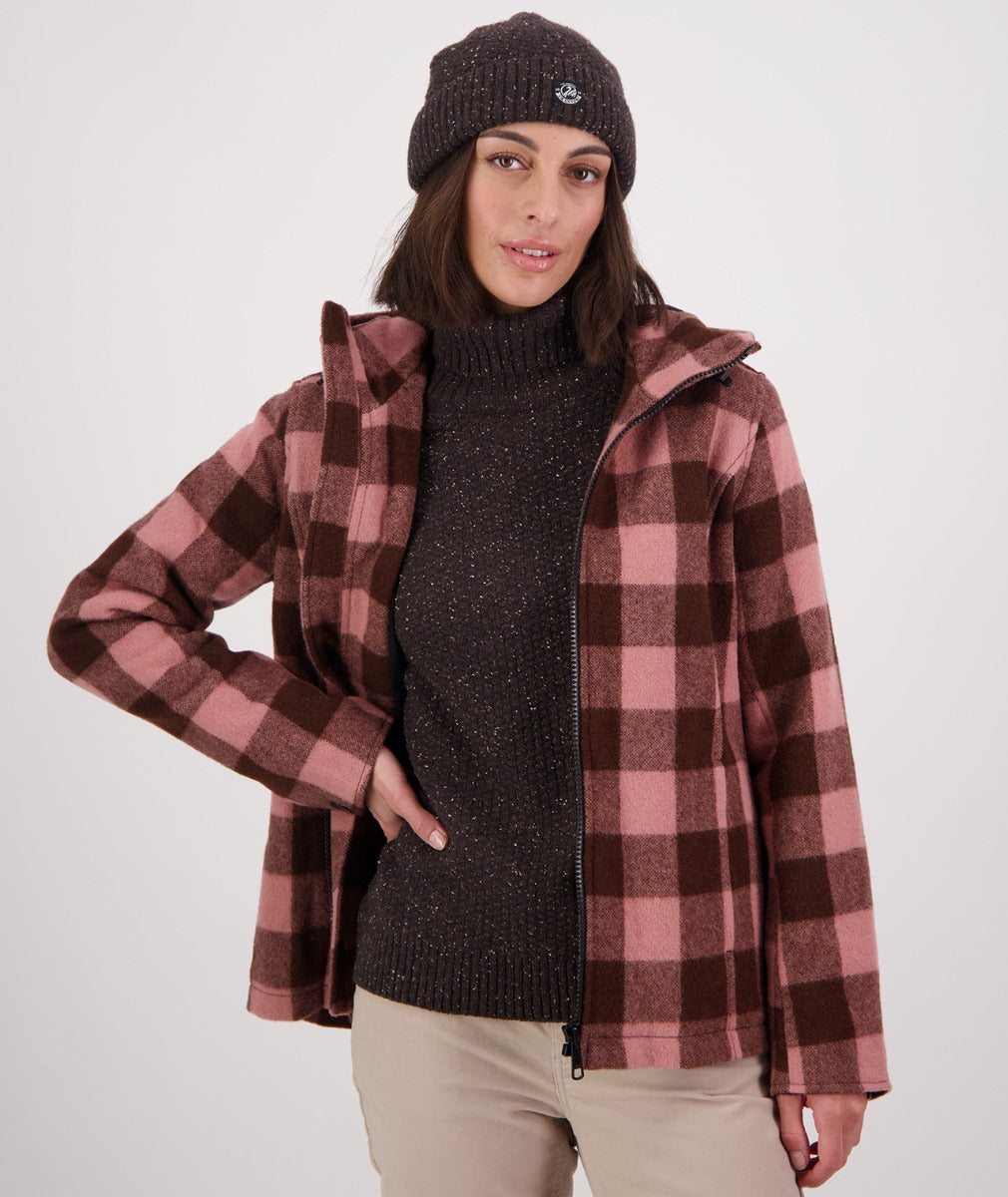 Swanndri Women's Seattle V2 Wool Hoodie_Rose/Coffee Check