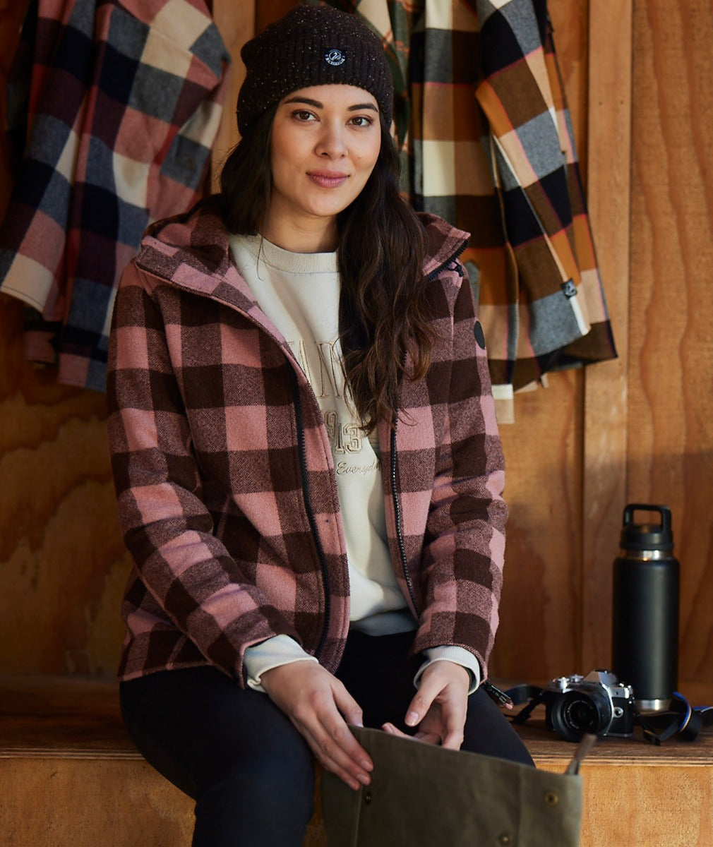 Swanndri Women's Seattle V2 Wool Hoodie_Rose/Coffee Check