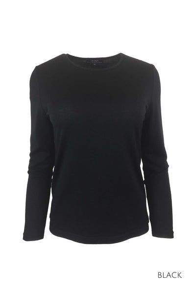 EBONY WOMENS 100% MERINO LONG SLEEVE CREW TOP BLACK